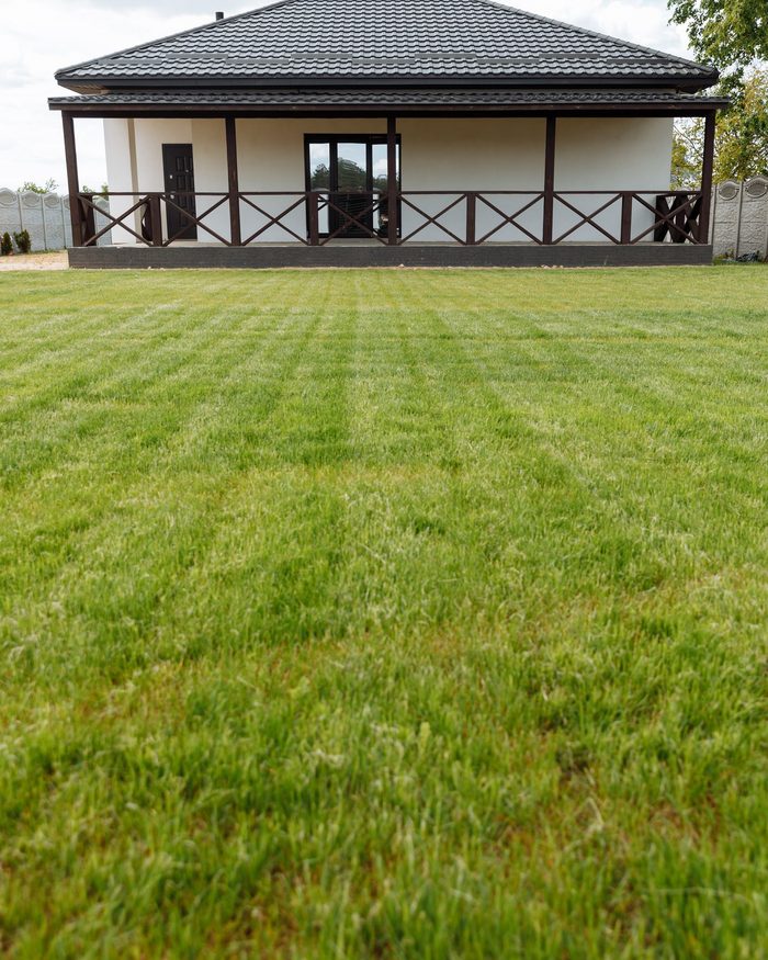 A freshly mowed lawn with clean stripes in front of a house